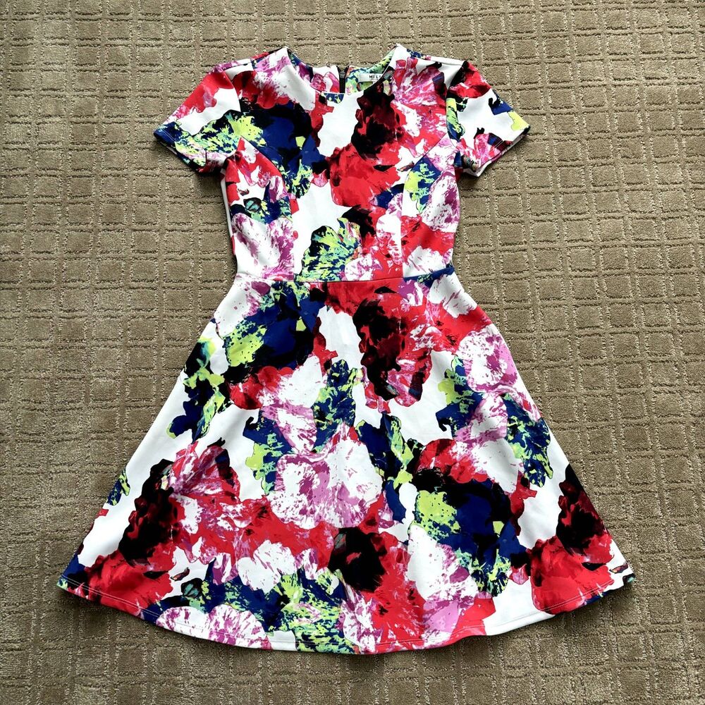 MILLY Floral Fit Flare Mini Dress Women's 4 Scuba Knit Pink Colorful Abstract